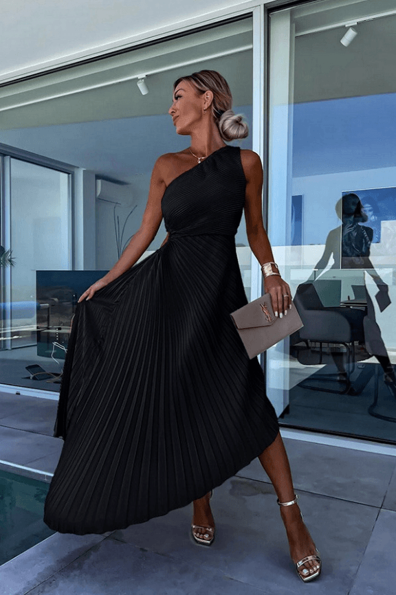 Women’s One-Shoulder Pleated Dress - Asymmetrical Hem & Draped Outline