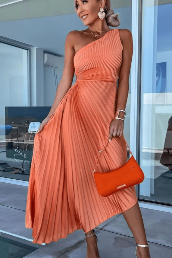 Women’s One-Shoulder Pleated Dress - Asymmetrical Hem & Draped Outline