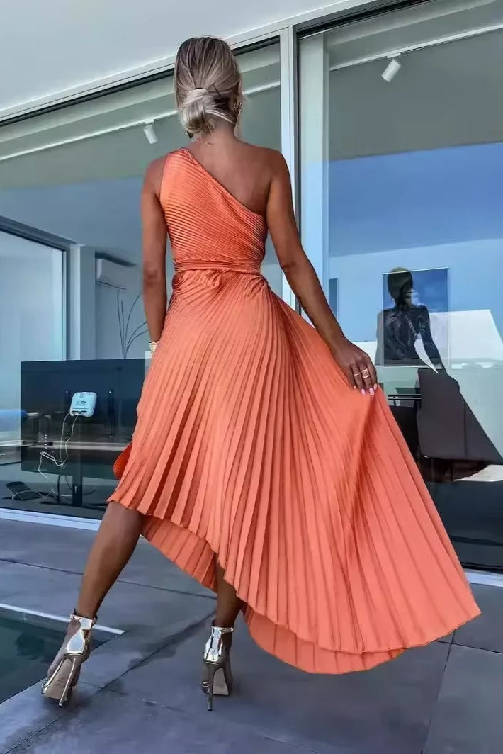 Women’s One-Shoulder Pleated Dress - Asymmetrical Hem & Draped Outline